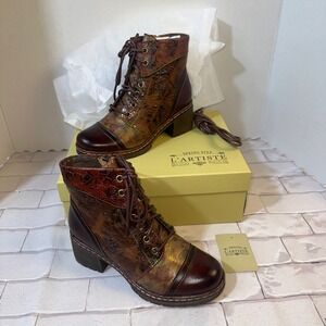 L'Artiste‎ Spring Step Fallinluv Brown Multi Leather Floral Ankle Boots 35 NEW